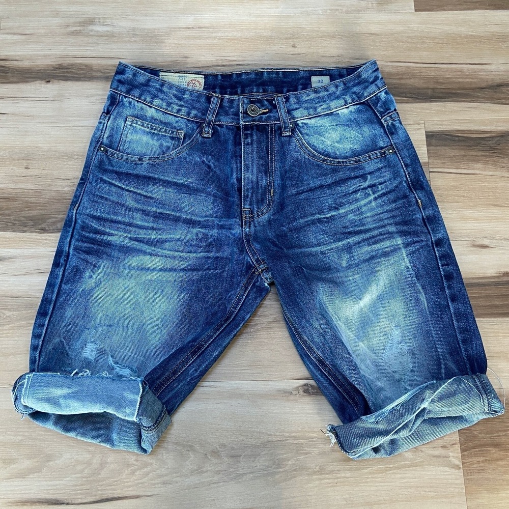 Smoke Rise Denim Shorts 30 Distressed Grunge Cotton Blend Regular Blue Wash